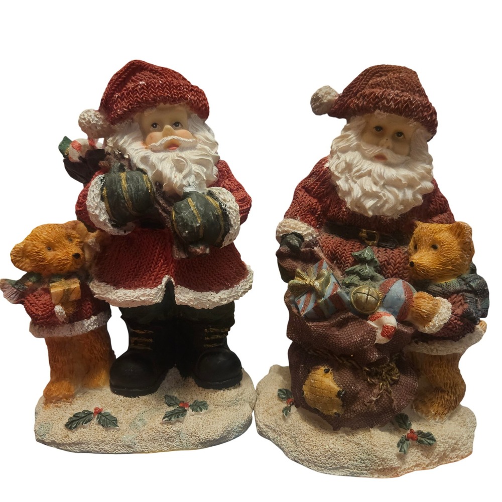 Vintage Santa‎ Claus Figurines with Teddy Bear Christmas Holiday Decor Set of 2